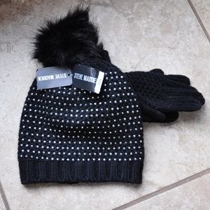 Womens Steve Madden Stud Beanie & Pom Gloves S NWT